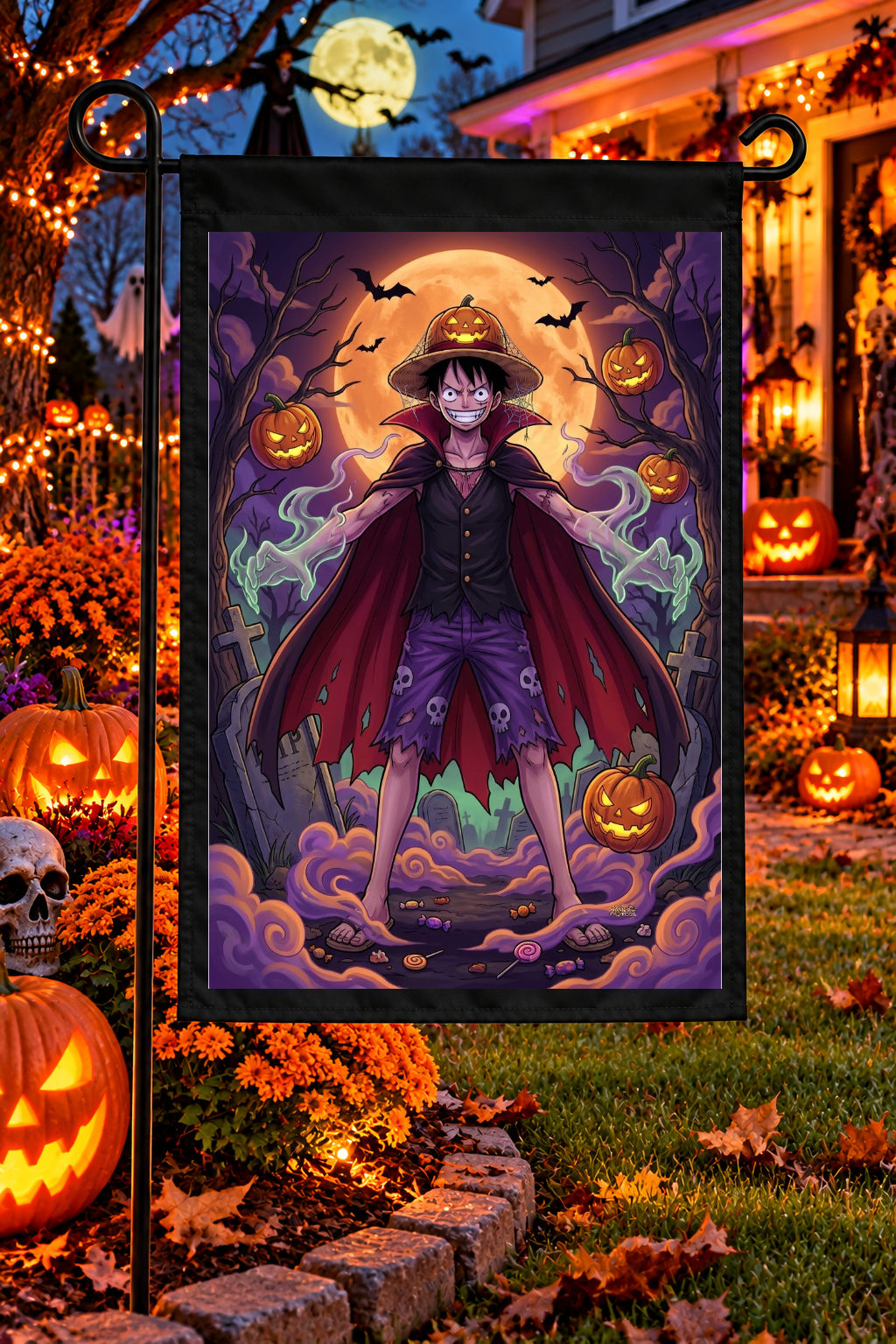 One Piece Monkey D. Luffy Halloween Garden Flag – 12" × 18"